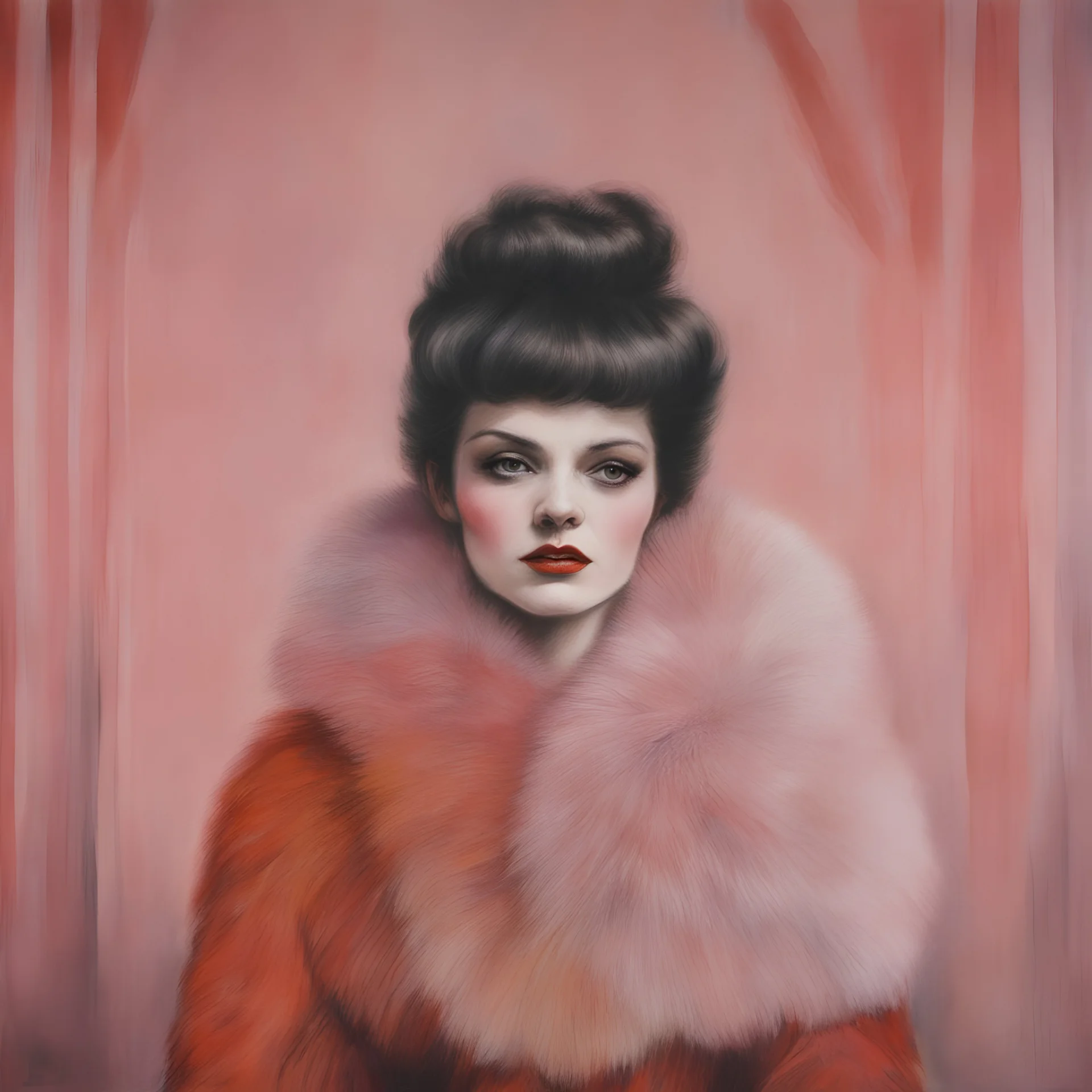 A woman in fur, at the circus, red, orange, pink