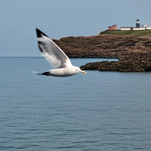 A seagull flying over the water. A lighthouse can be seen in the background