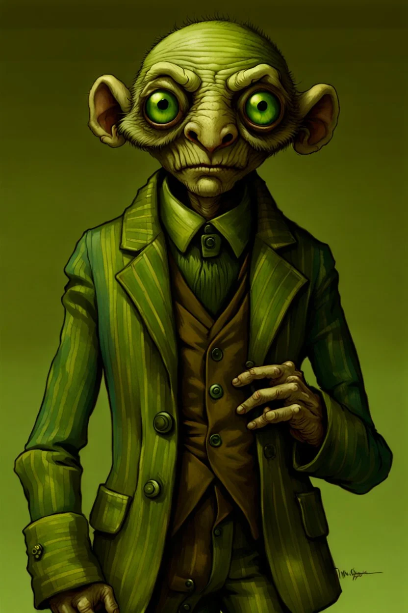 Artist Jean-Baptiste Monge style. A old biomorph male humanoid with Ant face. Bright eyes. A green and blue striped outfit. Modifiers: Tim Burton Craig Rutkowski