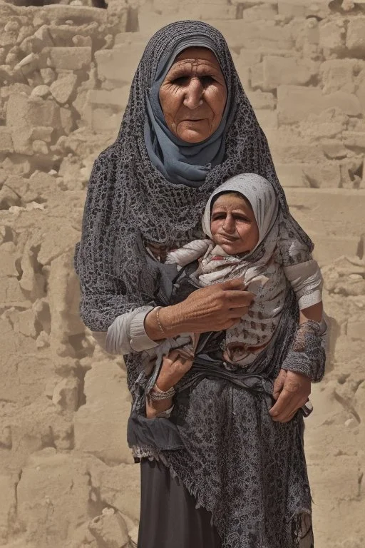 Palestinian old woman wears the keffiyeh , Carrying a small girl ,at summer , Destroyed Buildings , with a Explosions, at night