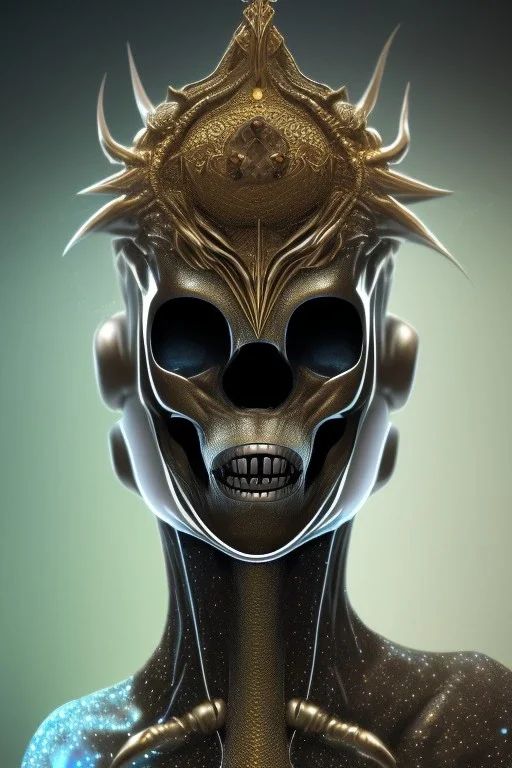 black African alien, cracks in the head, wicked, Asian eyes, crown, blood, 8k, finely detailed, photo realistic, Boris Vallejo style turquoise skull head gold dragon space alien rain skeleton silver helmet silver space suit spaceships