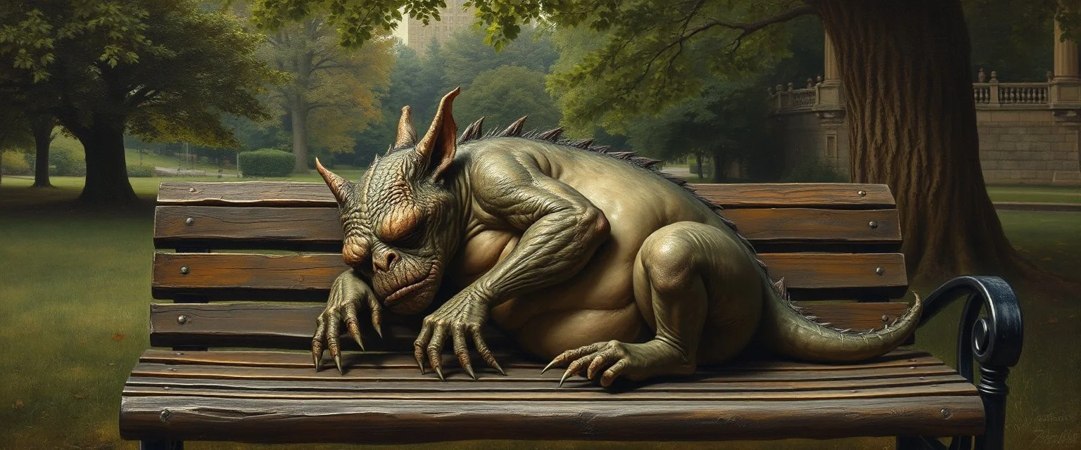master oil painting by Rembrandt, fat old orc dragon gremlin sleeping on a bench in the park