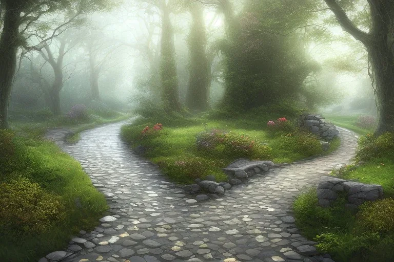  winding stone path lit river