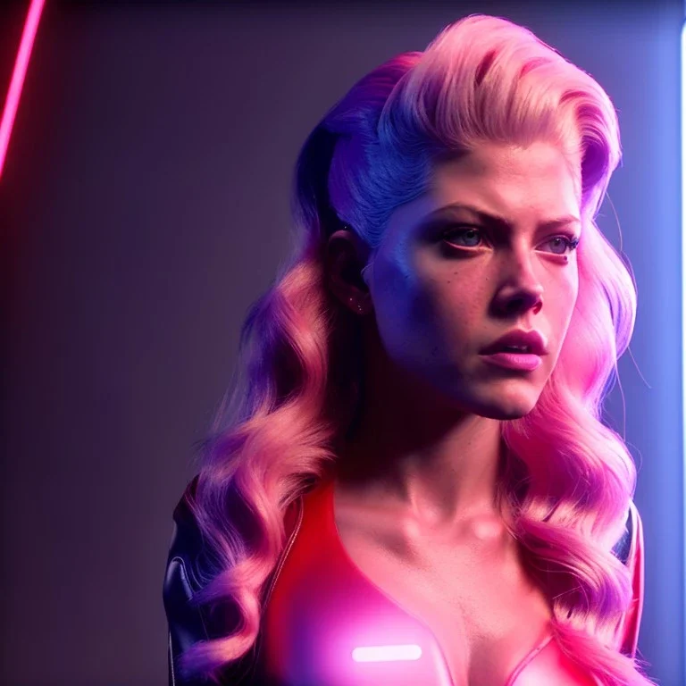 Actress, young Katheryn Winnick, android woman, neon ambient, gradient, clean skin, circuits, leather coat, cyber punk, neon, army, tubes, blood, portrait, studio photo, unreal engine 5, smooth color, 16 bit, god lights, ray tracing, RTX, lumen lighting, ultra deatail, volumetric lighting, 3d, finely drawn, hd.