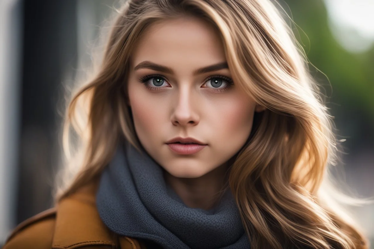 Create a highly photorealistic image captured with a professional full-frame DSLR or mirrorless camera, using a prime lens with a wide aperture in natural lighting conditions. The lens is 50mm. The aperture is f/1.4. The sheltered young high-society woman, Private Benjamin, finds herself in a trickier situation than she ever expected as she joins the United States Army. Dressed in a camouflage uniform with her hair tied up in a messy bun, she stands in the middle of a muddy, chaotic army base,