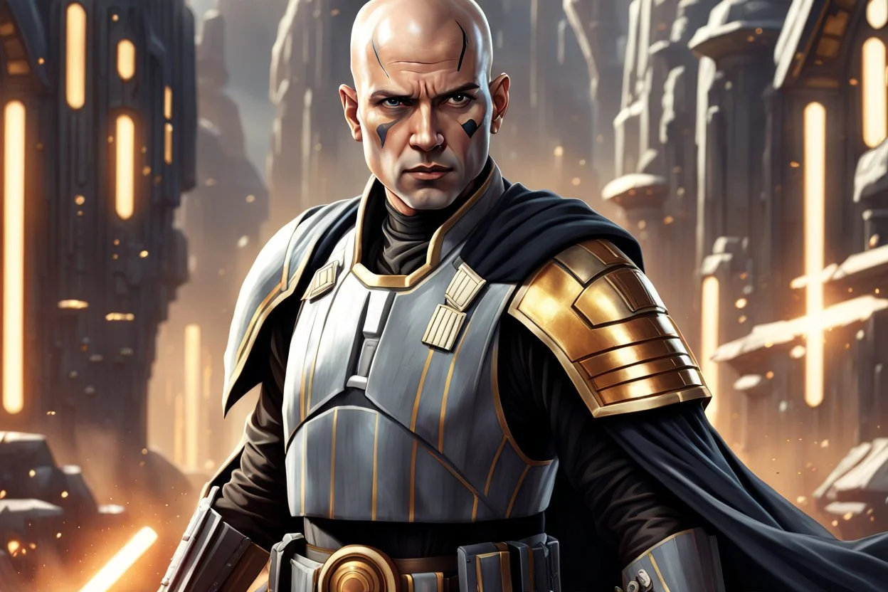 star wars bald male corellian jedi pilot wearing black and gunmetal grey old republic armored robes with gold trim, alone, battle-ready Jedi Master defending a ruined ancient city surrounded by golden light, centered head and shoulders portrait, hyperdetailed, dynamic lighting, hyperdetailed background, 8k resolution, volumetric lighting, light skin, fully symmetric details