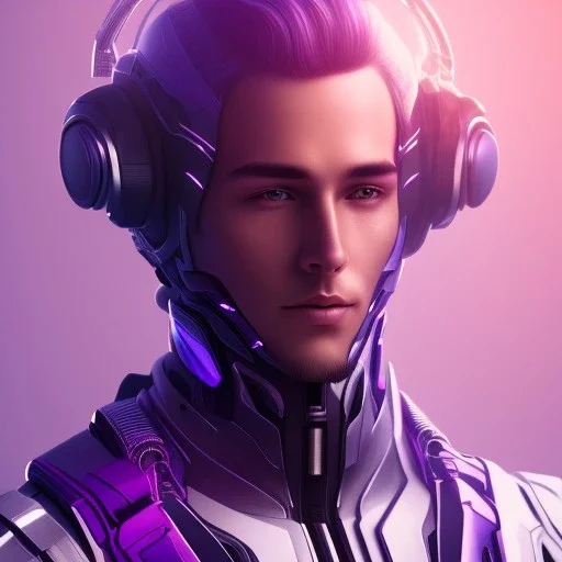 Cute boy face, Sci-fi character, purple backlight, pink and purple, scifi suit, profile, purple background, pink lighting