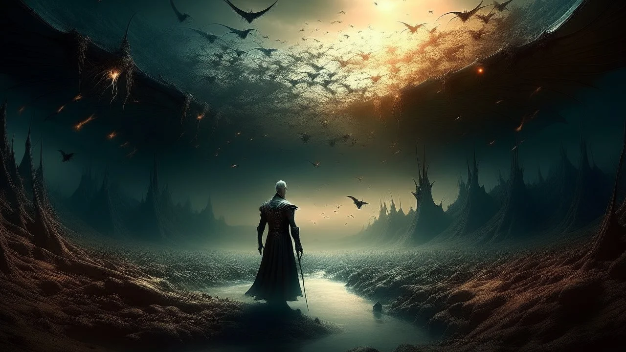 A digital illustration with a surreal and nightmarish feel, showing The angel of the abyss leading a swarm of infernal locusts through a desolate landscape