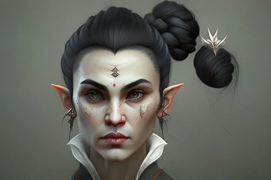 A Fantasy elf, a white male with black hair tied up in a bun, a scarred left eye. Full body