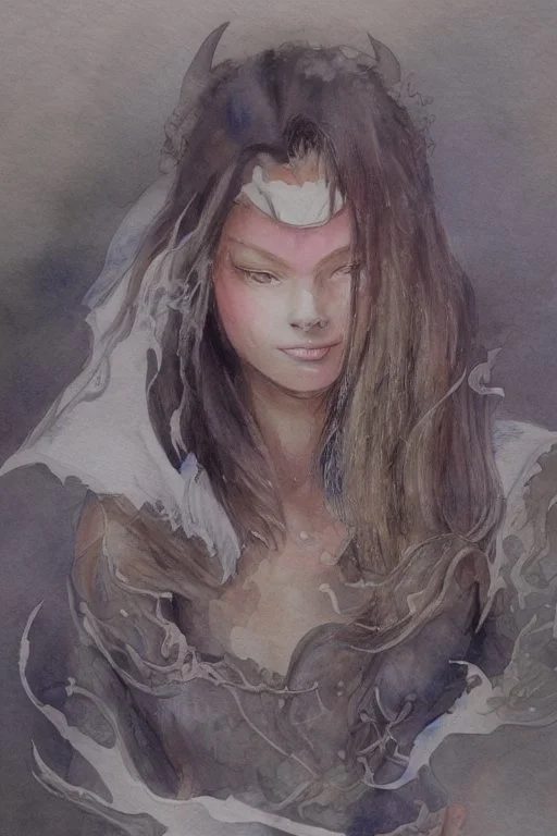 portrait, watercolour, realistic, illustration, dnd, dwarf, ghost, ethereal, lapis skin, glowy skin, see-through