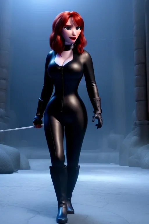 Christina Hendricks dressed in black leather catsuit, with a whip in her hand, inside a dungeon, busty, cleavage, angry, stern look, volumetric lighting, particales,highly detailed,cinematic, deep colours,8