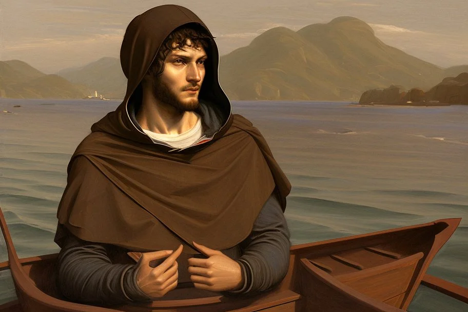 Modern man in a boat wearing hoodie by Andrea del Sarto