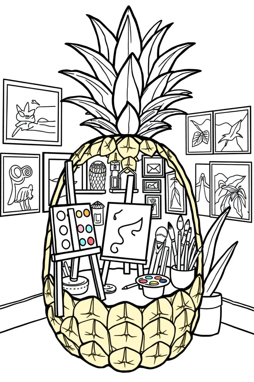 Pineapple Cozy Art Studio Coloring Page: A pineapple cross-section displaying an art studio. Features an easel, paint palettes, brushes, and artworks hung on the walls.