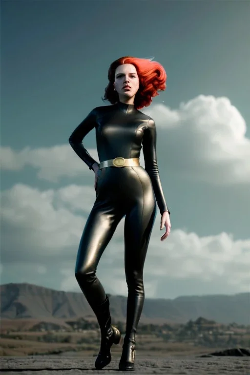 retro portrait image from 1960, sky background, wind, long red hair, fighting stance, sweet young Scarlett Johansson, black dress, classic long tight lycra black suit, gold bracelet and belt, high heel boots, superhero style, soft color, highly detailed, unreal engine 5, ray tracing, RTX, lumen lighting, ultra detail, volumetric lighting, 3d, finely drawn, high definition, high resolution.