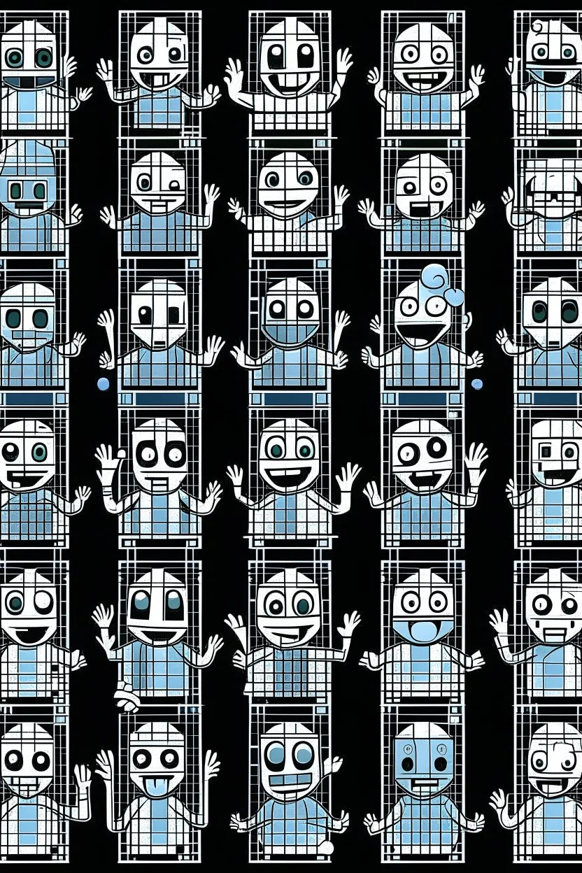 SQUARE GRIDS GHOST FACES CARTOON DANCING STYLE OF HIROKU OGAI