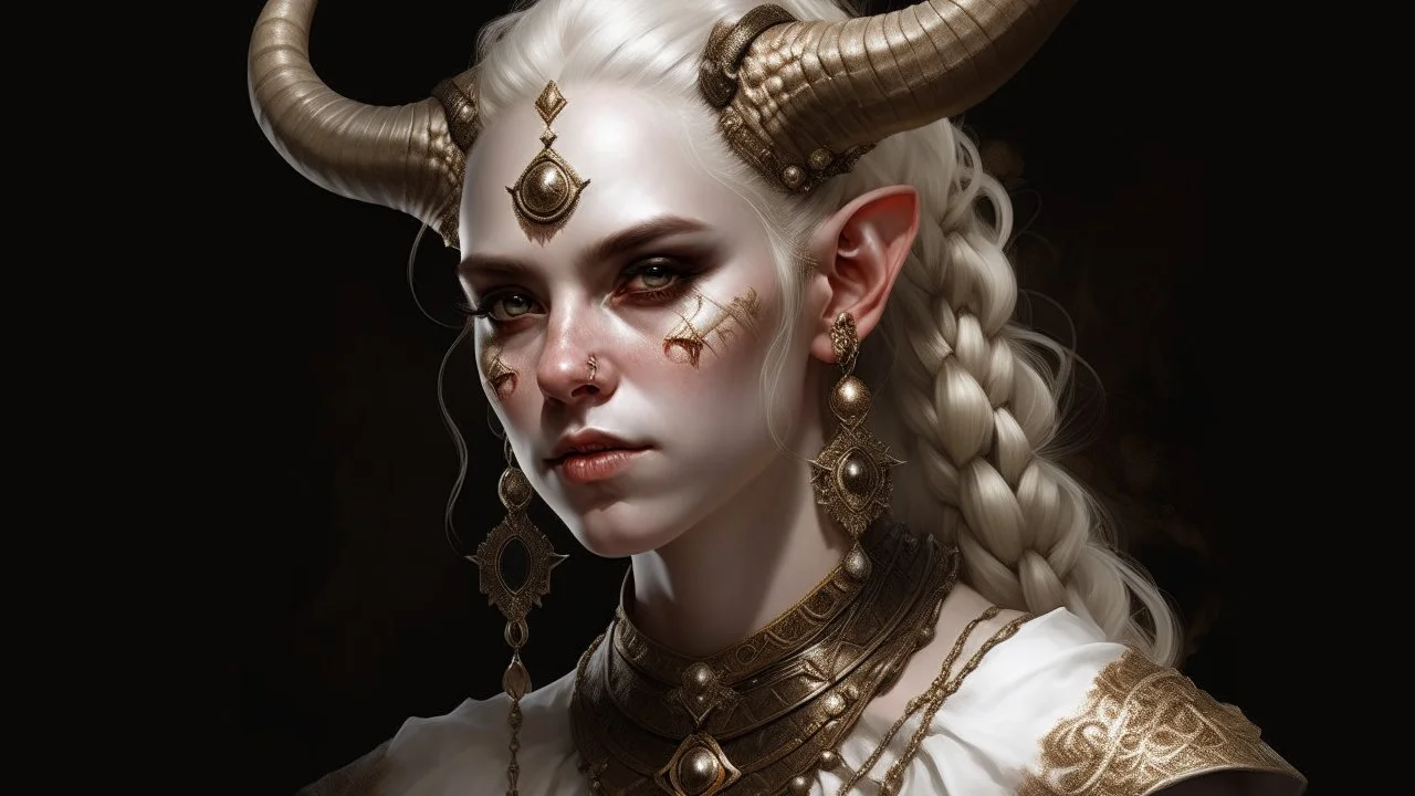 A young tiefling woman with a set of ram horns on her head encrusted with jewels, White-Blonde hair, black eyes, no pupils, dressed in white and gold with lots of jewelry