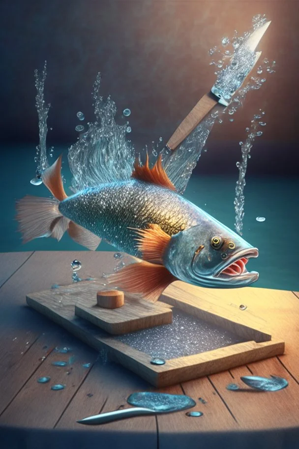 a 3d rendering of a beautifull genious fish with hands and fingers, down in the sparkly water, producing a wooden table and a big knife