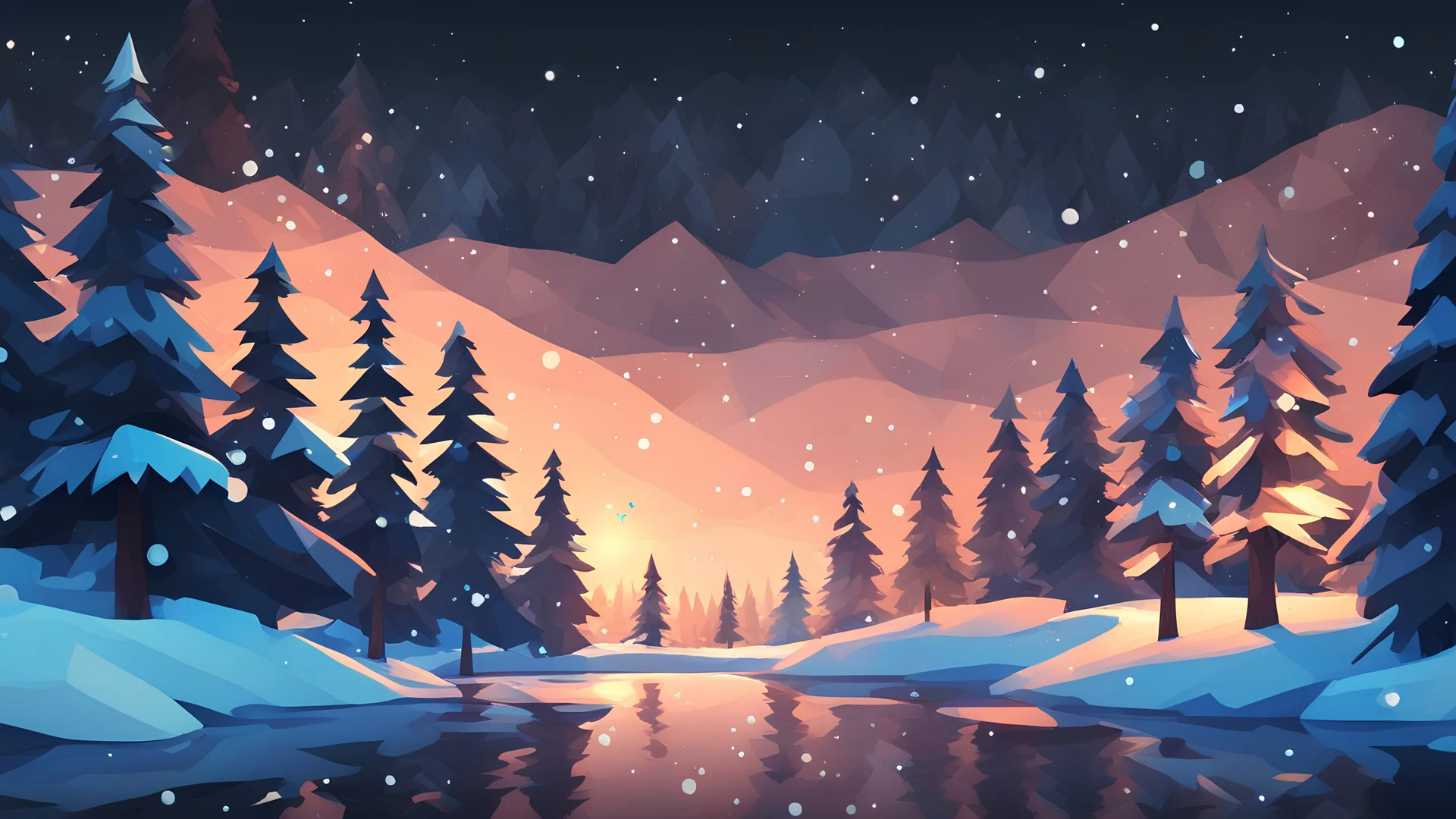 christmas time,a snowy fir forest,christmas trees,, midnight hour,fireflies,lakeside,,low poly