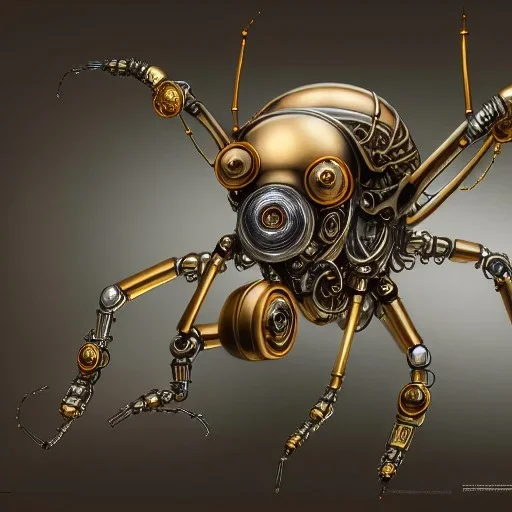 steampunk transparent cybernetic biomechanical robotic bug of death, symmetrical, front facing, very coherent symmetrical artwork, unreal engine realistic render, 8 k, micro detail, gold and steel intricate, elegant, highly detailed, digital painting, artstation, smooth, sharp focus, illustration, artgerm, tomasz alen kopera, wlop, unreal engine 5, octane render