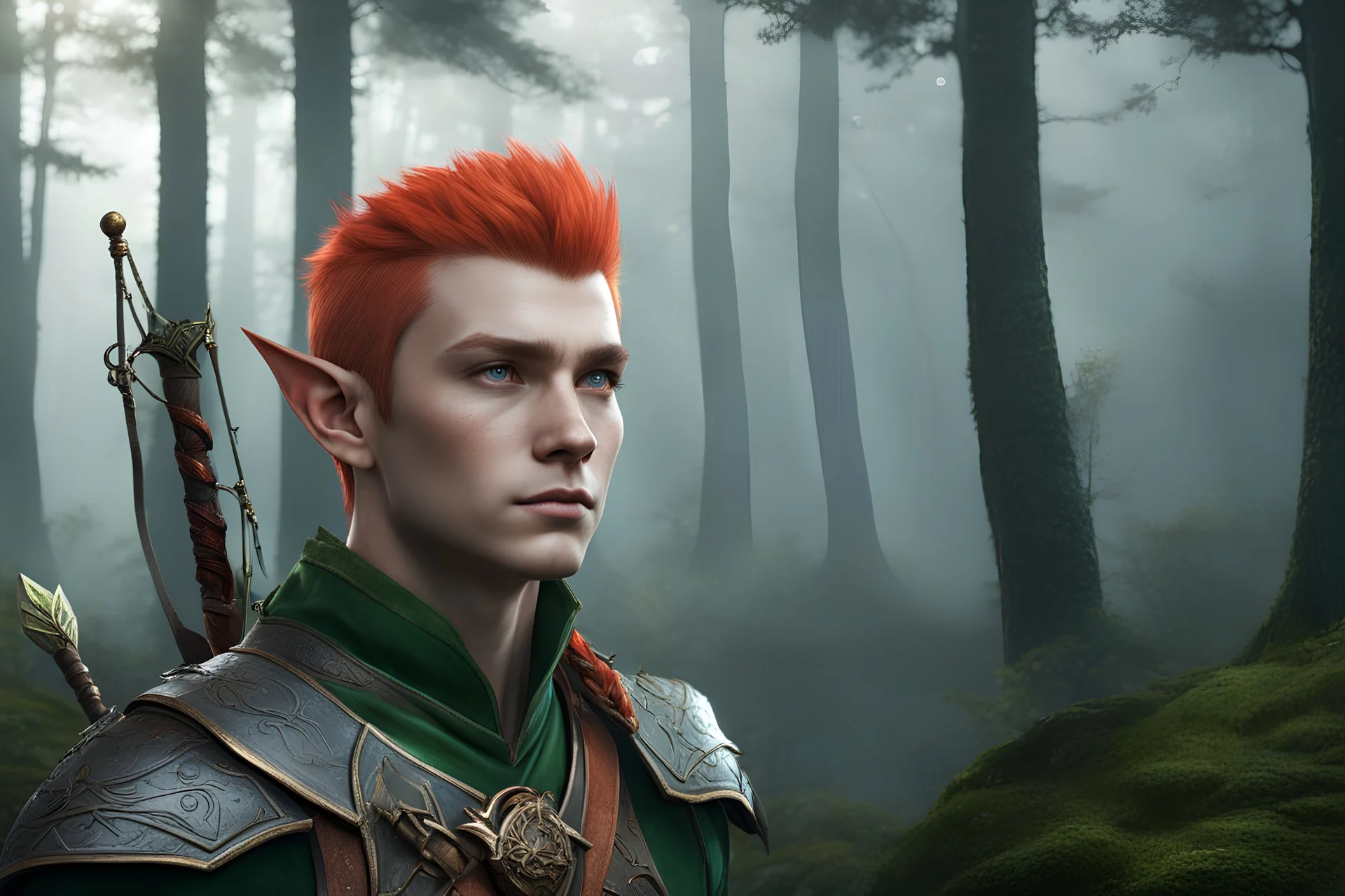 dnd character art of a elf with bow, male, young, slim face, mohawk hairstyle, copper hair, misty forest in the background, high resolution cgi, 4k, unreal engine 6, high detail, cinematic.