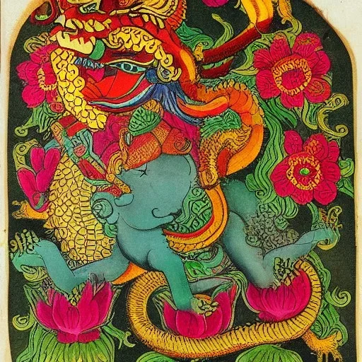 india god of flowers and fruits riding on a dragon