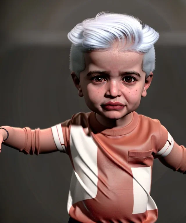 Pedro almodovar toddler, full body, white hair, dramatic lighting, hyper realistic