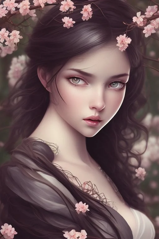 Beautiful Girl in the garden, 18 century, brunette, literally dark hair, dark eyes, fat, smell of sakura, rest, detailed face