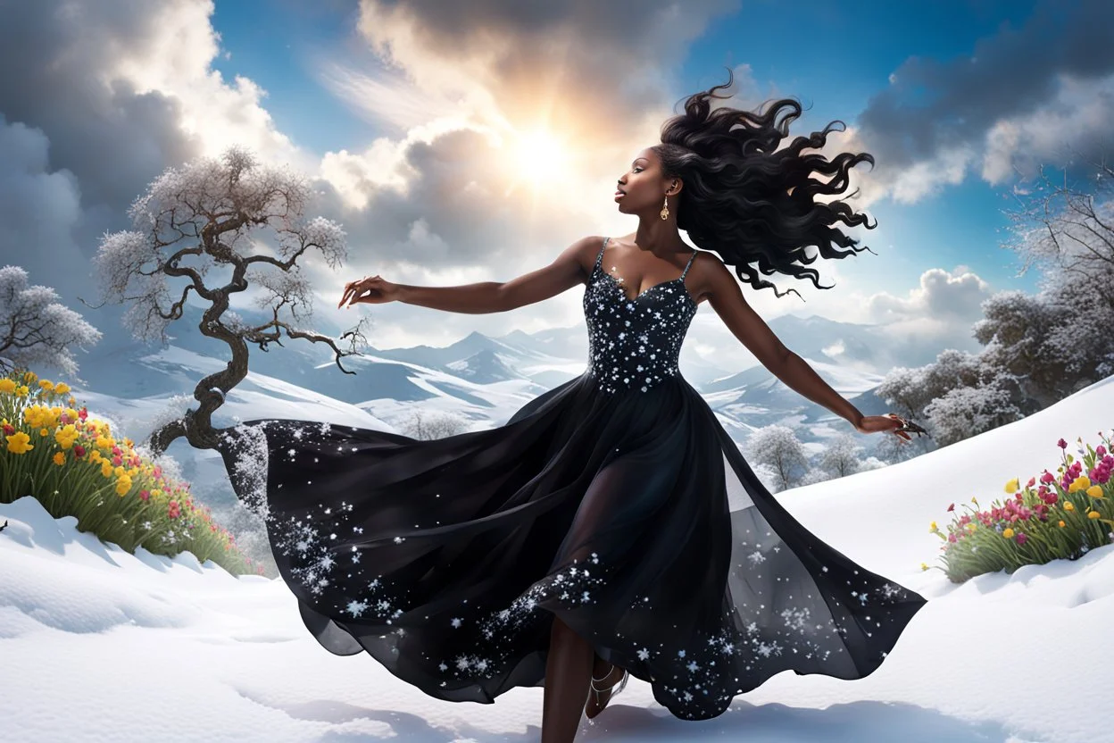 The camera zooms in, focusing sharply on very beautiful black godus girl with make up Lily wearing pretty dress as she dances gracefully in the same romantic environment with flowers and sky with nice clouds. Her joy and youth are presented against the backdrop of the surreal surroundings.a snow covered tree sitting on top of a snow covered slope, detailed swirling water tornado, national geographic footage, inspired by Sim Sa-jeong, by Huang Tingjian, still from a 2015 pixar movie, infrared ca