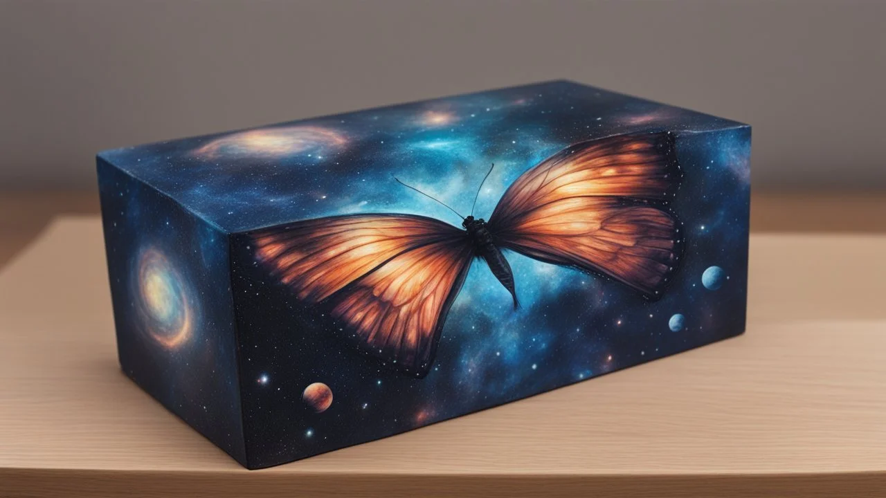 a box 10 cm long by 5 cm wide and 25 cm high, drawn on a box on all sides, butterfly nebula, space, tress, planets,, realistic