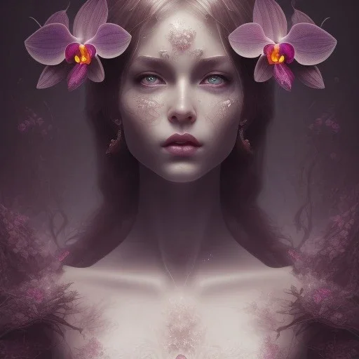 fae, sidhe, ominous, nature, orchids, dnd character portrait, intricate, oil on canvas, insanely detailed, 16k resolution, retroanime style, perfect eyes, round pupil, cinematic smooth, intricate detail , soft smooth lighting, soft pastel colors, painted Renaissance style