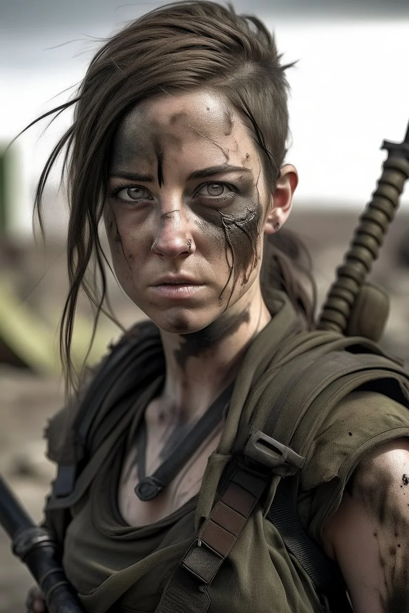 A post-apocalyptic survivor, scarred face, female, detailed, hyper realistic, mid 30s, muscular build, in a desolate wasteland, holding a makeshift weapon,