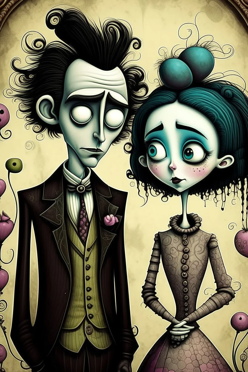 tim burton style characters man woman love vintage framed antique texture