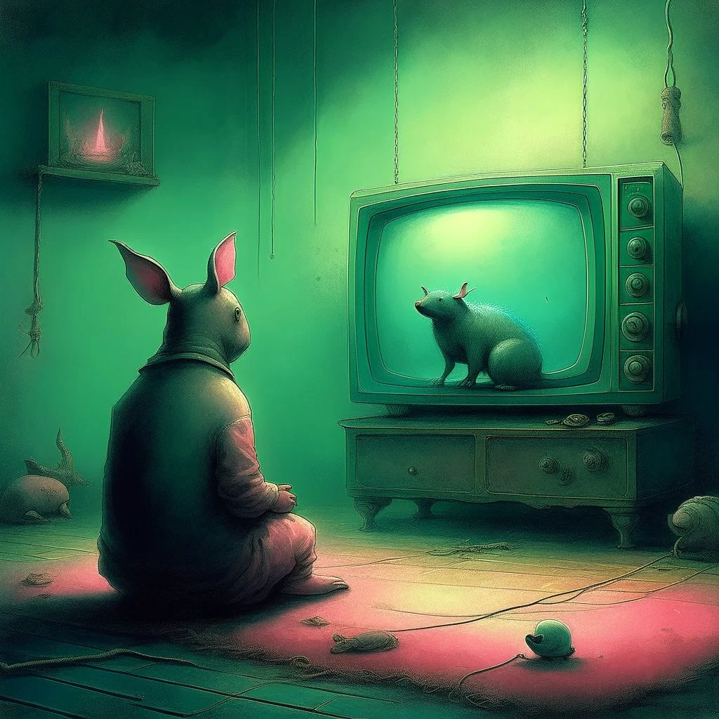 pig watching a tv about video game persona with a rabbit playing music beksinski style