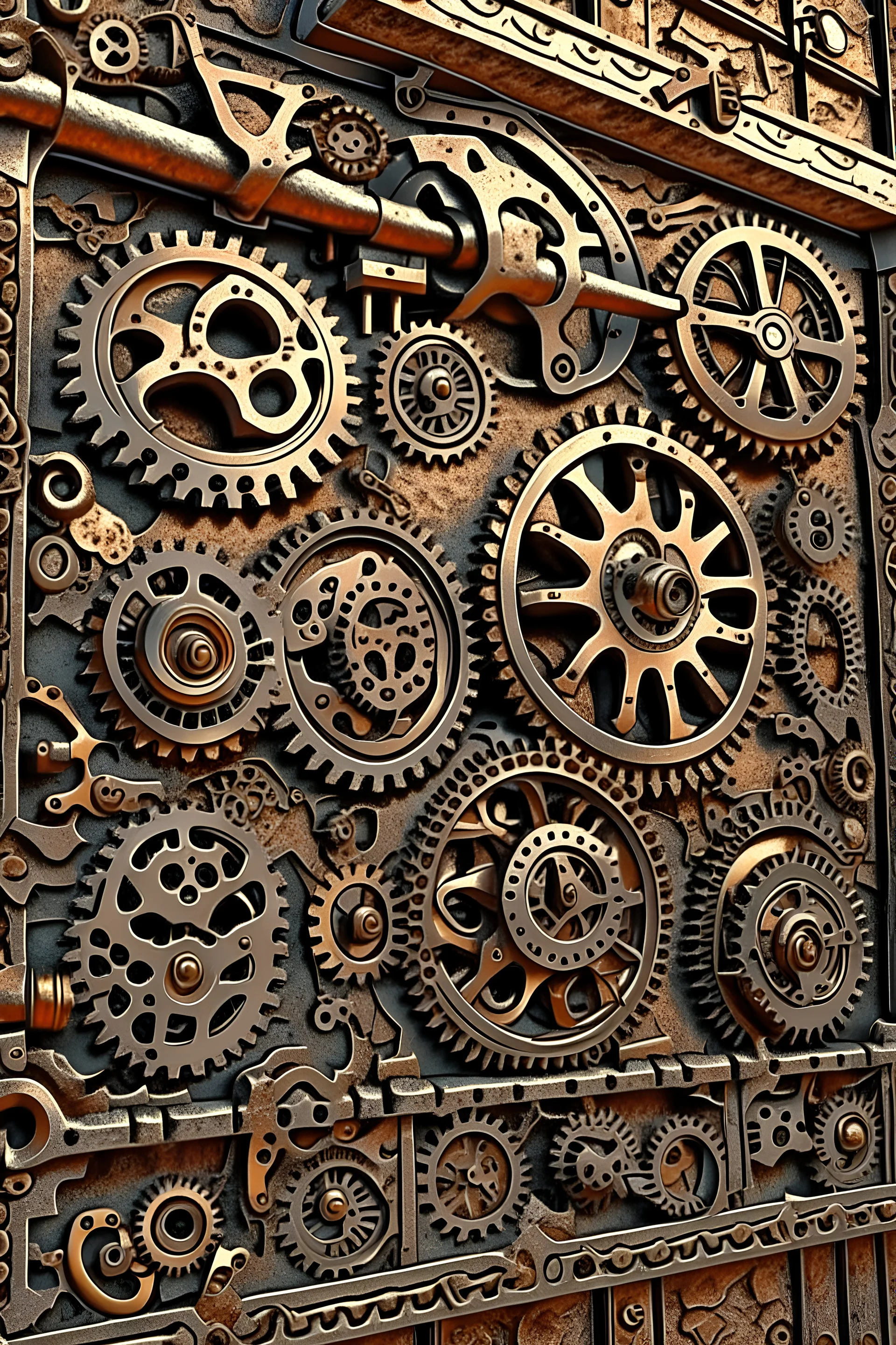 highly detailed industrial wall with cogs details, shinning metal, futuristic, Super detailed 3d , ethnic details, intricated details, as trending in artstation,