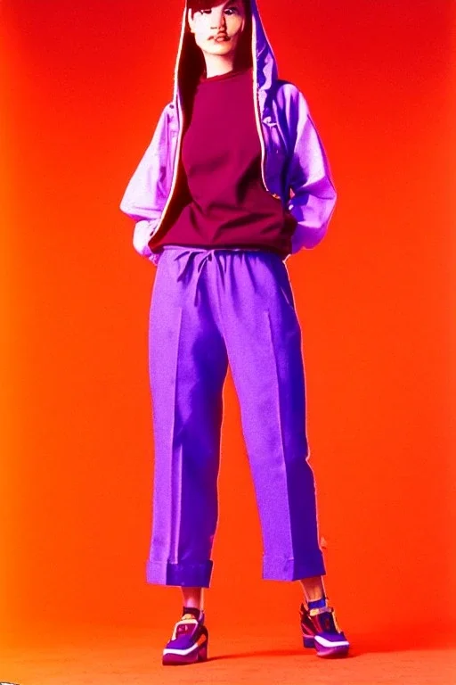 year 1994 women fashion. Karjalainen kuvio, Karjala, "summer combat suit trouser" with low waist, baggy, Combat pants, t-shirt and interesting hoodie with high tippet integrated to bolero. Colors: denim blue, blue, purple, khaki, "pastel light green", lilac, plum, orange, terracotta, red, pink, dark blue, beige. Women models. Starling pattern prints.Jennifer Lopez, Gwyneth Paltrow, . Big tennis shoes on. Cargo pants.