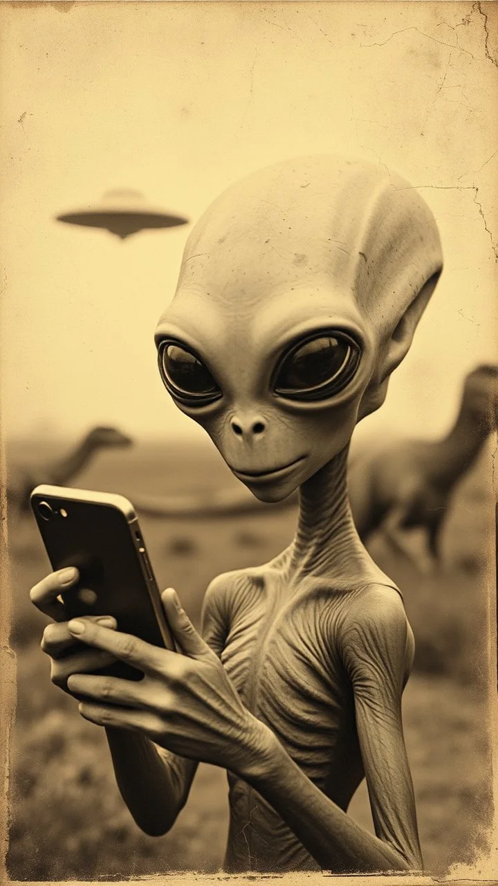 An old picture style of brown and white and very bad quality old camera with cracks of an Alien with no mouth or nose just a big eyes holding an IPhone the year 1900 in the background a dinosaur from a distance with small ufo starship