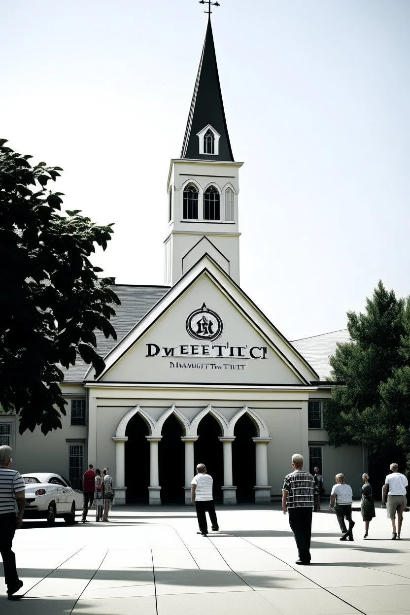 quintessential church with steeple with people walking out of it with the label "domestic terrorists"