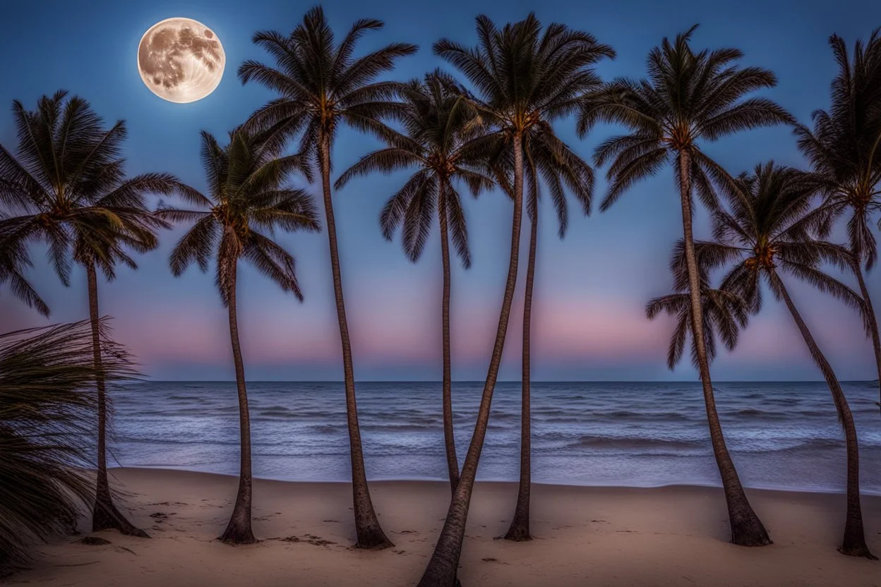 Full moon through palm trees, sandy beach, reflection in the ocean