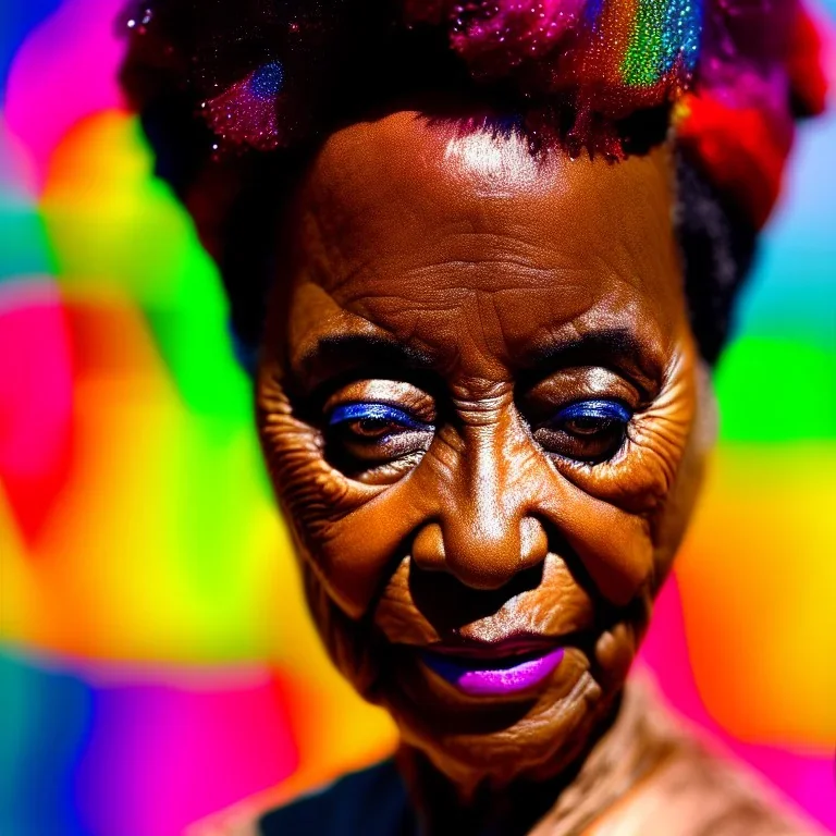 masterpiece, best quality, old woman, dark skinned, sparkling eyes, fluorescent skin, colorful makeup, afro, head shot, highly detailed body, sun light, 4K, RAW, depth of field, high contrast, realistic details, 24mm