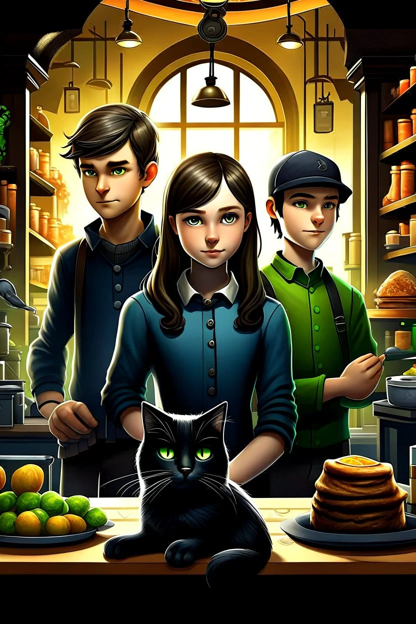 Design a book cover for fantasy criminal story. One teenage girl and two boys are in the centre. Black Cat as a company. The book is for teenagers. Modern style. BAkery in the background