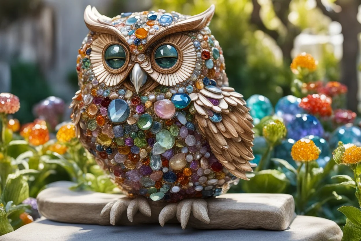 Owl made of gemstones and jewels in a flowergarden in sunshine