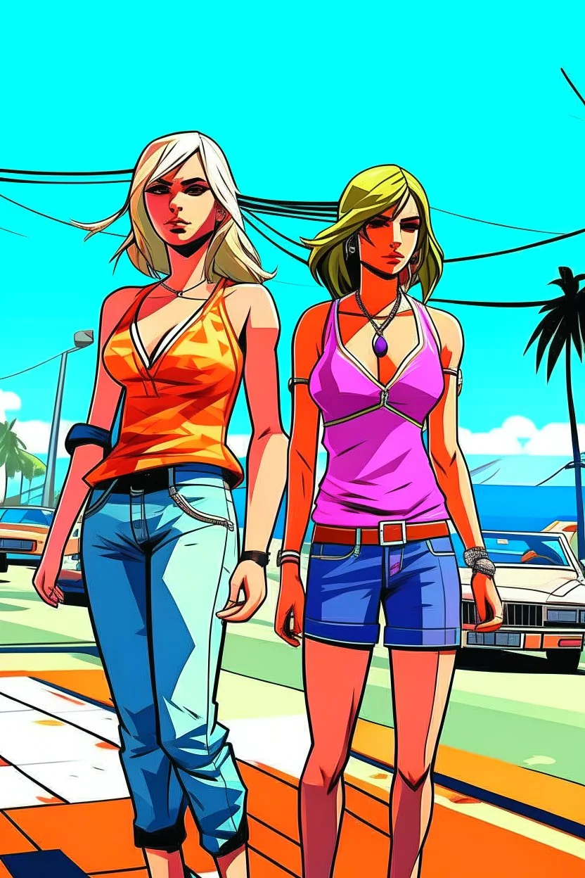 gta tarzı 2 kız 2D arkaplan biraz daha detaylı gta tarzı gta 6 tarzı daha detaylı ve renkli 2 kız gta 6 tarzı geniş açı kızlar gta 6 tarzı 3D farklı poz ve kıyafet farklı poz