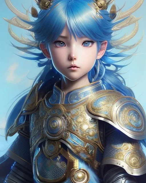 Detailed anime child girl, blue hair, dragon scale armour, intricate details, full body portrait, keep head in frame, slight smile, black Japanese motif, concept art, highly detailed, digital painting, concept art, sharp focus, illustration, art by Yoji Shinkawa, WLOP and greg rutkowski and alphonse mucha and artgerm and yanjun Chen and Junji ito and Makoto Shinkai, HDR, octane render, dark background