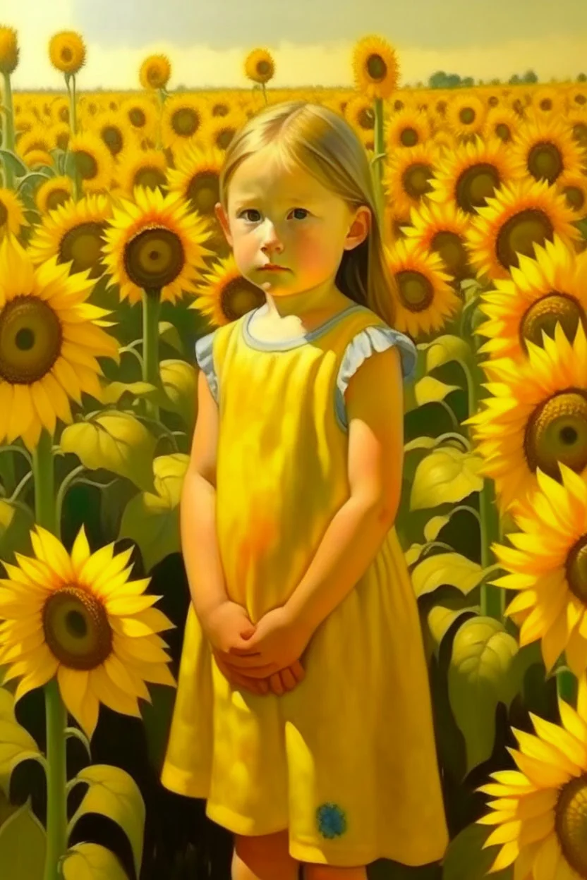 Neoclassicism child stanting in a field of sunfowers painting yellow realistic cote d'azur sunflowers