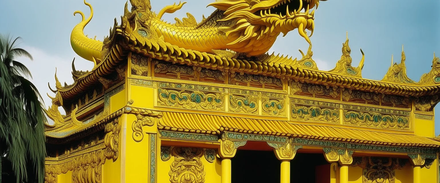 A golden yellow temple with a mythical dragon painted by Andy Warhol