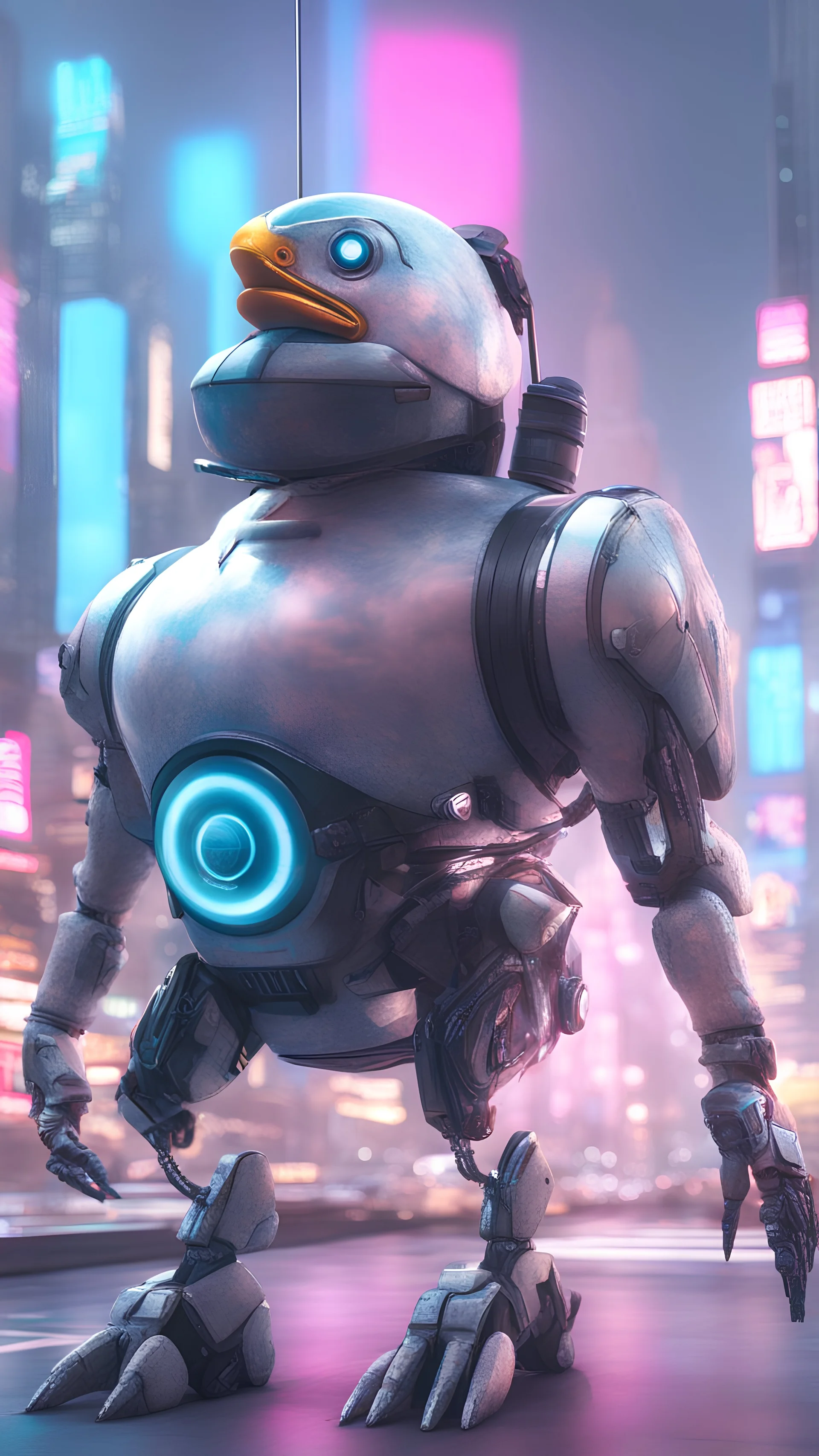 CHICKEN robot made of cotton candy, sci-fi, cyberpunk, full body, ultra realistic, virtual reality, cyberpunk city and colors