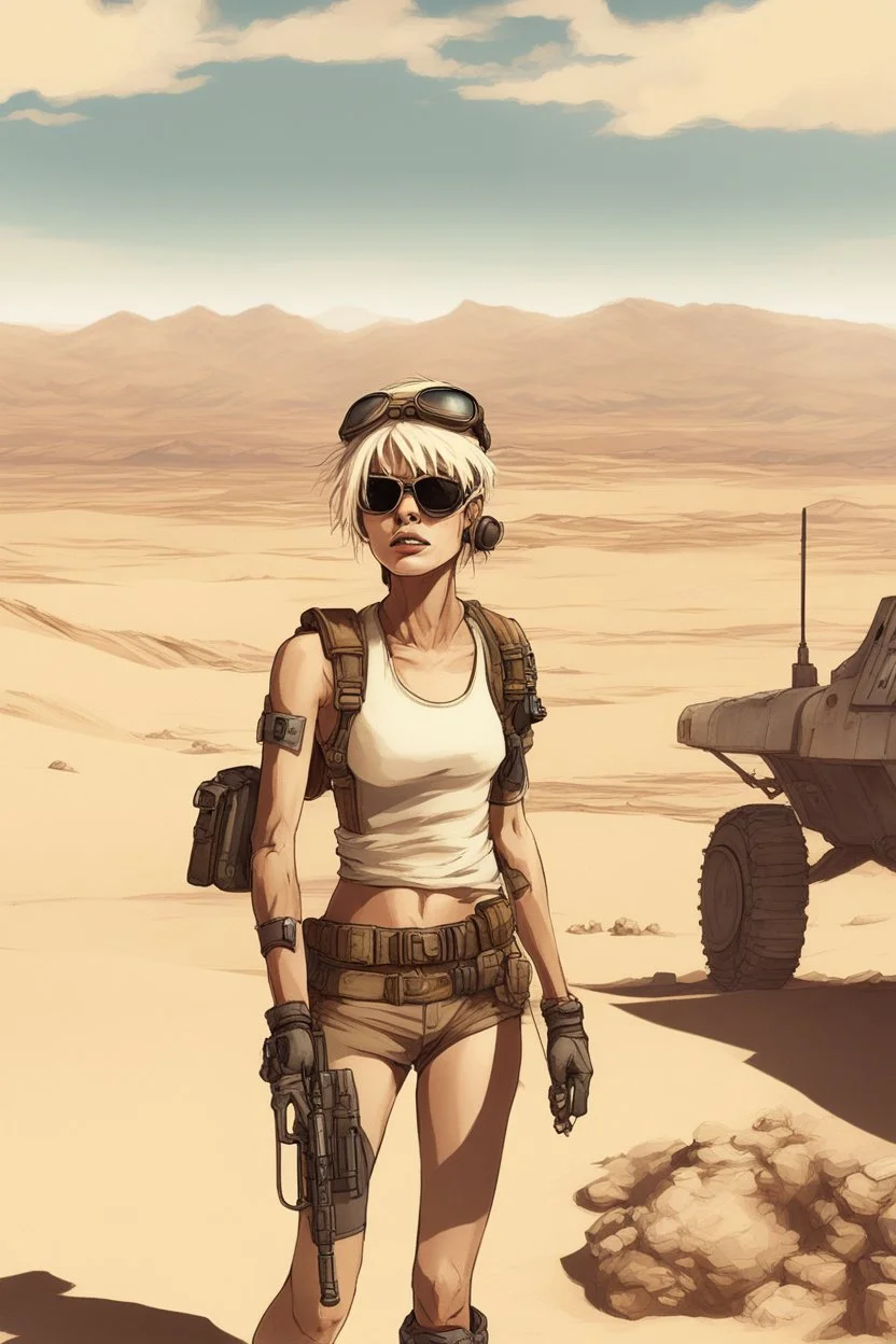 [bokeh] Tank Girl peers out across the blasted desert landscape, her aviator shades shielding her eyes from the blinding glare of sun on sand. The weirder the better, as strange vistas stretch all around under the bleached blue sky. It gets worse every year. They always want something new. Bigger monsters. Odder outsiders eking out survival in the wastes. You dig deeper into my dreams. You feel it, you know... whatever I draw... You know you can stop it... You won't stop it. You live through you