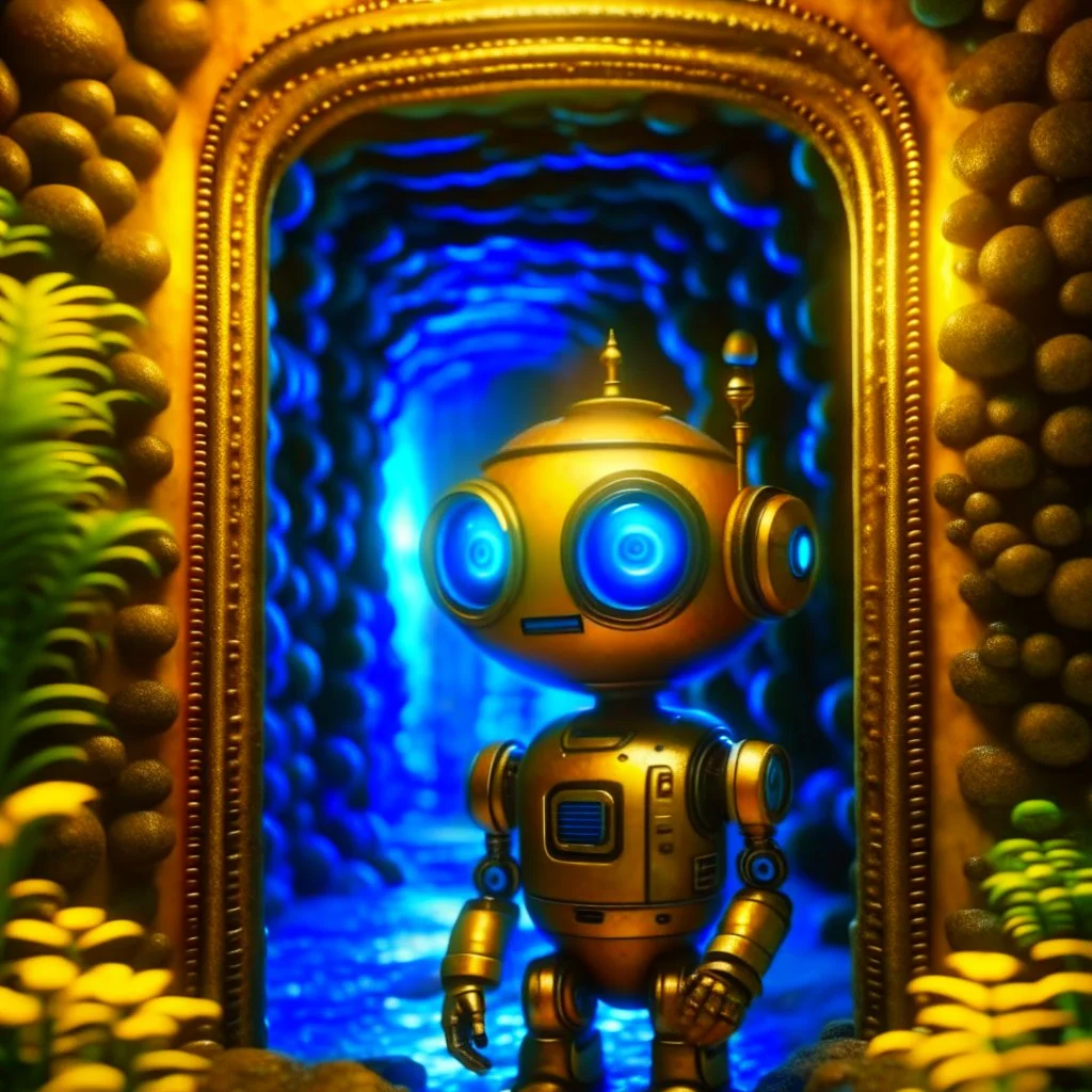 portrait of advanced cute chat robot in the style of lowcraft , in front of teleporter portal to the sea in an underground grove, in the style of dali, 8k, down-light, soft light, depth of field, photo realism, trending on art station, high detail