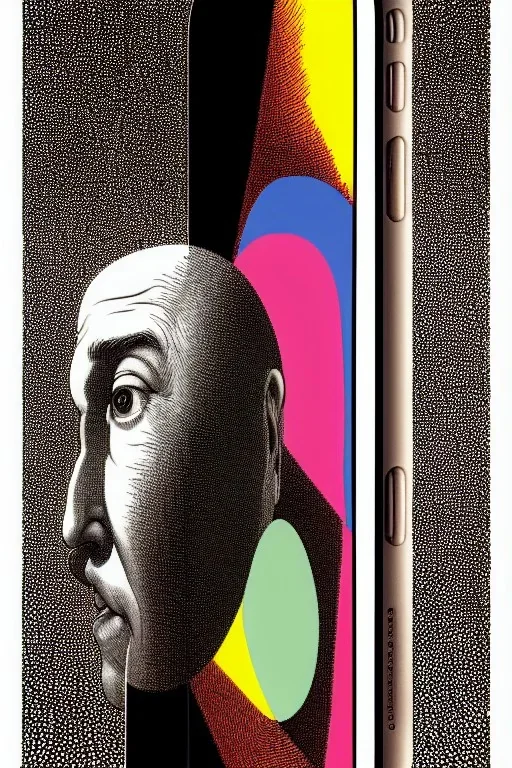 a vibrant ultraclear sideview waist up portrait of a iphone by rene magritte and laurie greasley, etching by gustave dore, colorful flat surreal, ethereal, intricate, sharp focus, illustration, highly detailed, digital painting, concept art, masterpiece