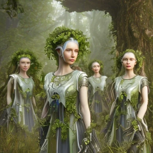 3d render, Painting .three women. A mother. Two daughter. Twins. A mother with her children the faces of three young elf women. wood nymphs emerging from the forest. Her hair looks like vines. Dreadlocs. Her skin is the colour of dark soil. Her skin looks like tree bark. Her clothing is made of vines, grass and leaves.